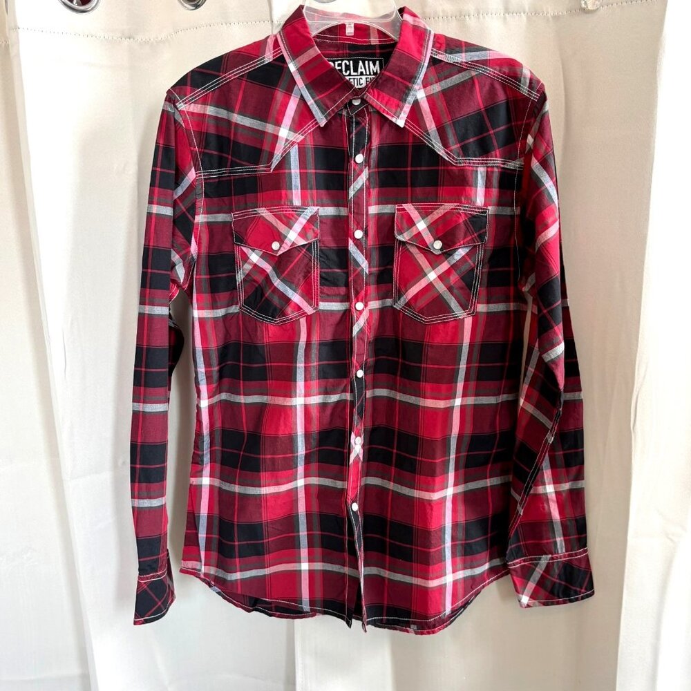 Reclaim Men Western Shirt Medium Red Plaid Authentic Fit Rodeo Ranch Work 18536x